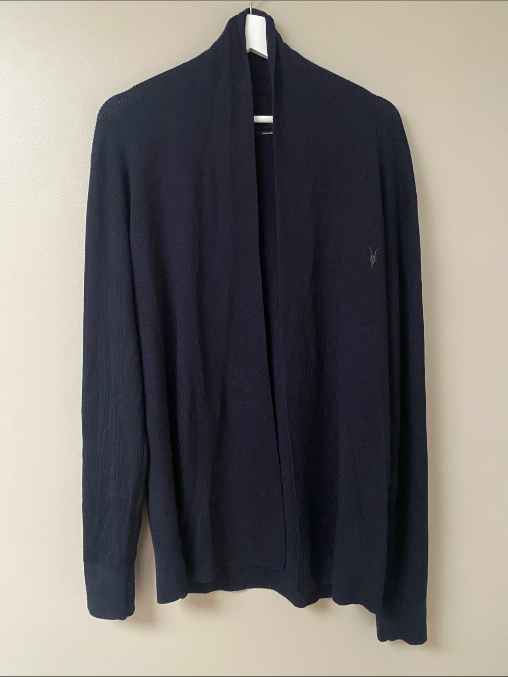 AllSaints Black Merino Wool Open Shawl-Collar Ribbed Cardigan XL